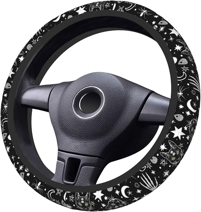 Skeleton Cat Pattern Steering Wheel Cover Non-Slip Auto Steering Wheel Protector Car Accessories Universal Fit 15 Inches for Men Women