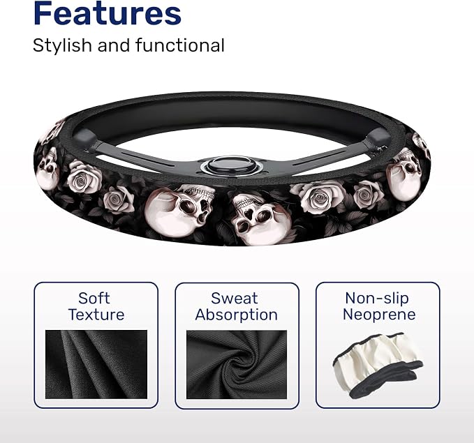 Rose Skull Steering Wheel Cover, Non Slip Polyester Car Wheel Protector for Car SUV Truck, Universal 15 Inch