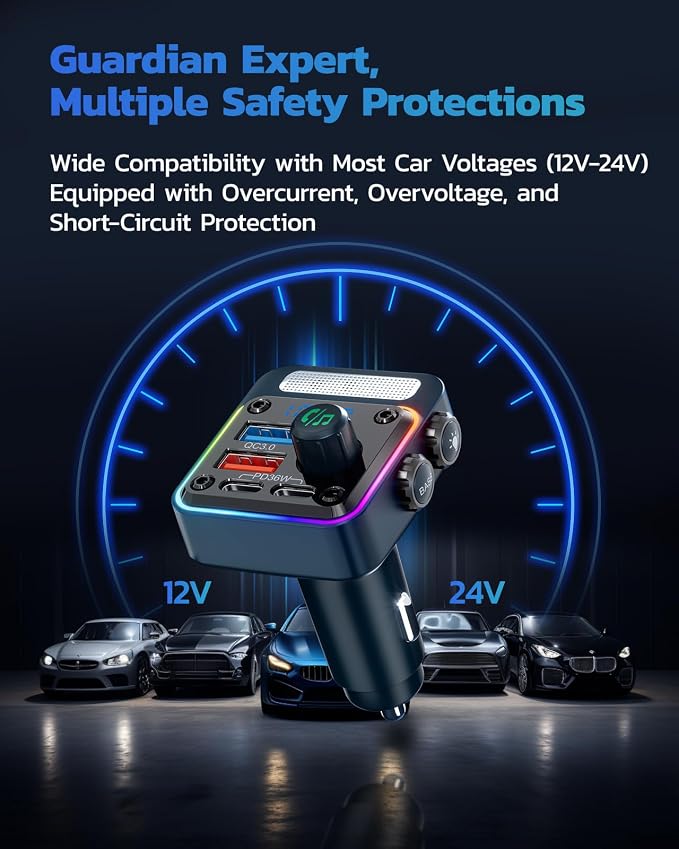 54W Bluetooth 5.3 Car Adapter with 4 Charging Ports [PD 36W & QC3.0 18W], Wireless Radio FM Transmitter with Deep Bass Player & 5 Colors LED Backlit, Hands-Free Calling - Blue