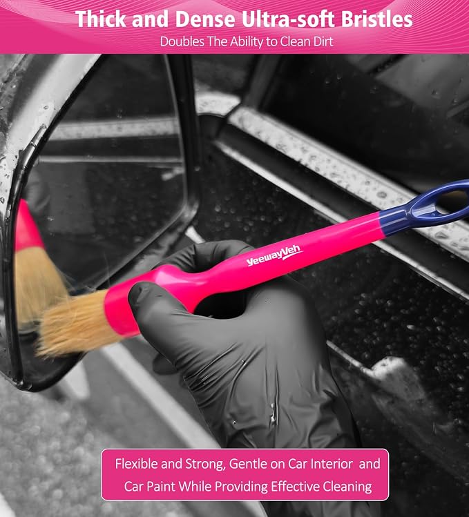 6PCS Car Detailing Brush Set, 3pcs Boars Hair Detailing Brushes, 3pcs Ultra Soft Detail Brush for Leather Seat Air Vents Engine Bay, Detail Brushes Car Detailing for Interior Exterior, Pink