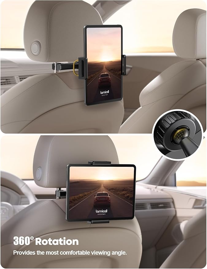 Car Tablet Headrest Holder - Car Back Seat Headrest Tablet Mount Stand for Kids, Road Trip Essentials Accessories Gifts, for 2025 iPad Pro 11/13" Air Mini, iPhone, Galaxy Tab, 4.7-13" Devices