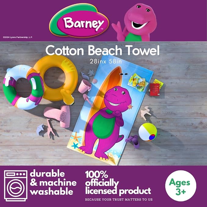 Barney Classic Kids Super Soft Cotton Bath/Pool/Beach Towel, 58 in x 28 in, (Offical Licensed Product) By