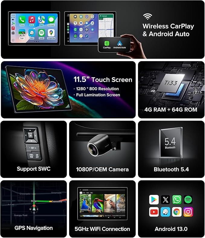 11.5''Car Radio for Chevy Silverado Radio GMC Sierra Stereo 2014-2018 with Wireless CarPlay & Android Auto/Android 13 /5G WiFi/TouchScreen/FM/AM/4GB RAM + 64GB ROM (Inches, 11.5)