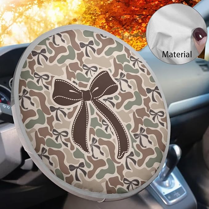 Camo Bow Steering Wheel Cover Sun Shade Universal Anti-Heat Aluminum Foil Auto Interior Protector,Block UV Rays Cool in Summer Universal for Cars Truck SUV Van