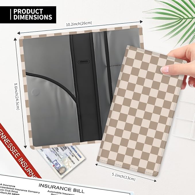 Leather Car Registration and Insurance Card Holder, Cute Car Accessories Vehicle Glove Box Car Organizer for Documents, Cards, License Cute Beige Checkerboard