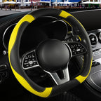 Black Yellow Microfiber Leather D Shaped Steering Wheel Cover | Breathable Anti Slip Grip Cool Sporty Look Glow for Women Men