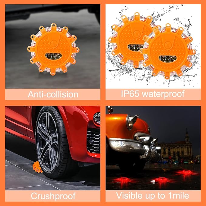 12 Pack LED Road Emergency Roadside Lights Flashing Safety Warning Kit Beacon Magnet Hook Vehicle Boat Truck Disc Magnetic Flash Cars Security Driveway Automotive Strobe