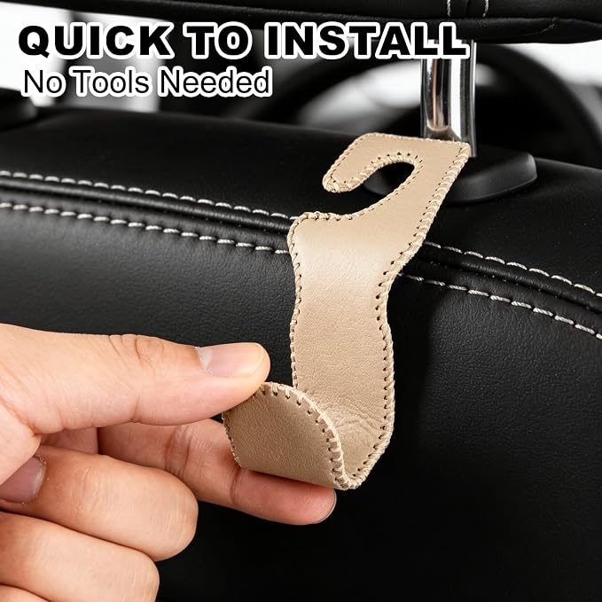 Car Seat Hooks for Purses and Bags, 4 Pack Car Purse Holder for Grocery Bag Handbag Clothes, Metal Headrest Hooks Covered by Leather, Beige