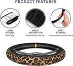 Leopard Pattern Steering Wheel Cover - Cheetah Pattern Steering Wheel Cover Anti-Slip Breathable 15 Inch Universal 2 Pcs Car Interior Cup Holder Pad for Men Women