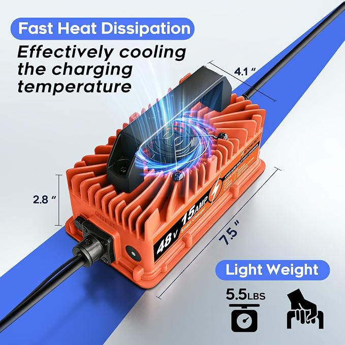 48 Volt Golf Cart Battery Charger 15 AMP for Club Car Precedent & DS Series with 3-Pin Round Plug- Lead Acid
