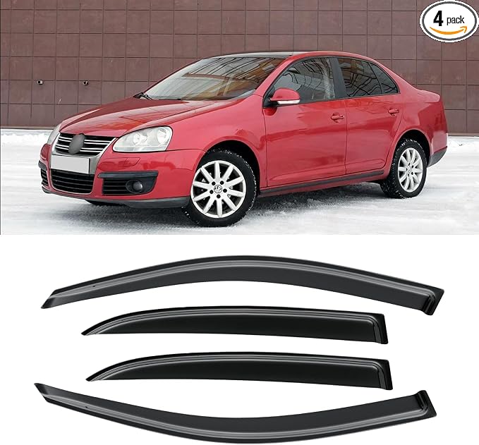 Rain Guards for Volkswagen VW Jetta Sedan 2006-2010, Out-Channel Window Visor Shields Vent Deflector Shade Wind Dark Smoke 2007 2008 2009 06 07 08 09 10, Tape-On Outside-Mount, 4PCS