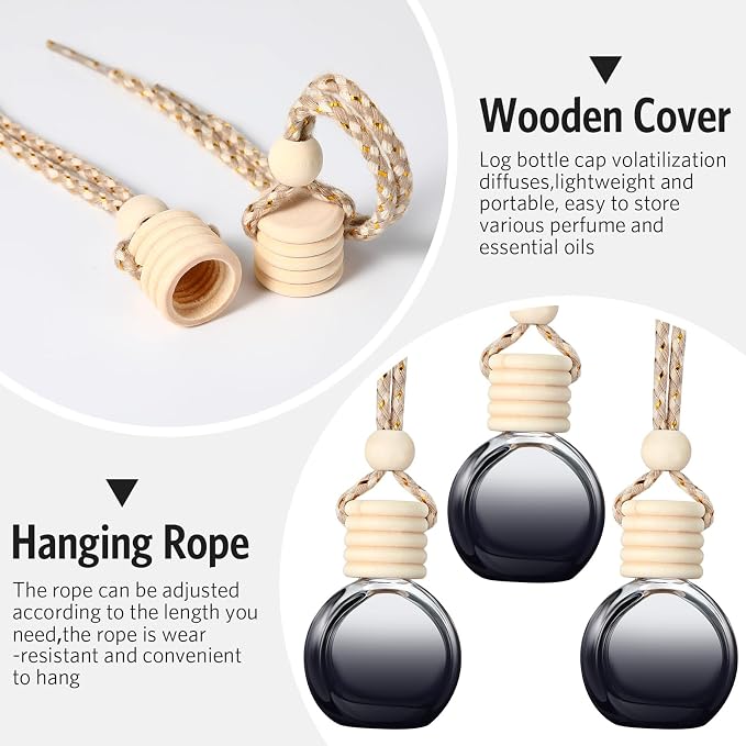 100 Pcs Car Air Fresheners Diffuser with Wooden Cap Empty Aromatherapy Diffuser Clear Car Fragrance Holder Pendant Hanging Perfume Fresheners Bottles for Decor (Black,Round)