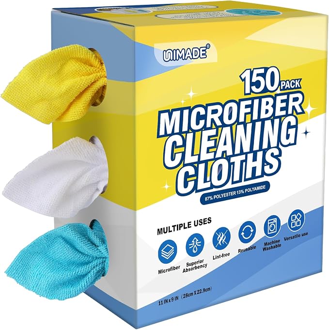 Microfiber Cleaning Cloth, 150 Pack Reusable Paper Towels Microfiber Towels for Cars Lint Free Shop Rags with Box for Home Kitchen Automotive, 11"x 9", Blue & Yellow & White