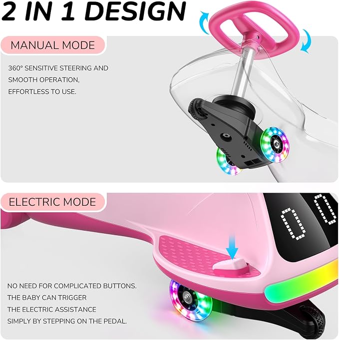 12V Electric Wiggle Car for Kids with Pedal, Display, Rechargeable Battery, LED Light, Bluetooth, Light-Up Wheels, Anti-Rollover, 2 Speeds, Ride on Toys, Birthday Gifts for Age 3+, 150Lbs