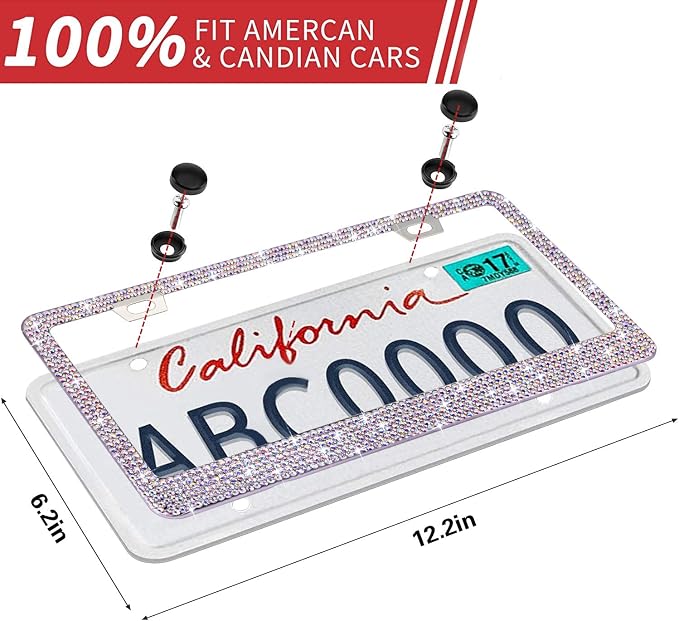 Bling License Plate Frame for Women, 1PCS Sparkly Stainless Steel License Plate Frames| Over 1000 pcs 14 Facets Bedazzled Clear Glass Diamond Rhinestone Crystals w/Free Glitter White Diamond BOX