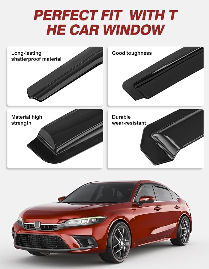 Out-Channel Window Rain Guards Fit for Honda Civic Hatchback 2022-2026,Extra Durable Window Visors Wind Deflector Dark Smoke Vent Shades Car Tape-on with Thicker 4PCS