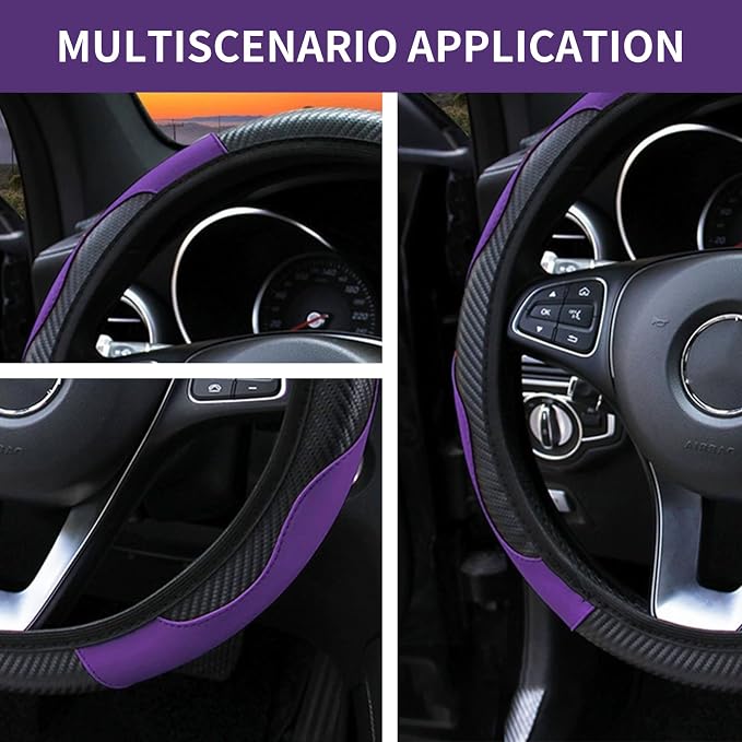 Car Steering Wheel Cover 15 inch, Microfiber PU Leather Elastic Steering Wheel Protector, Anti-Slip Breathable Car Interior Accessories for Most Cars (Purple)