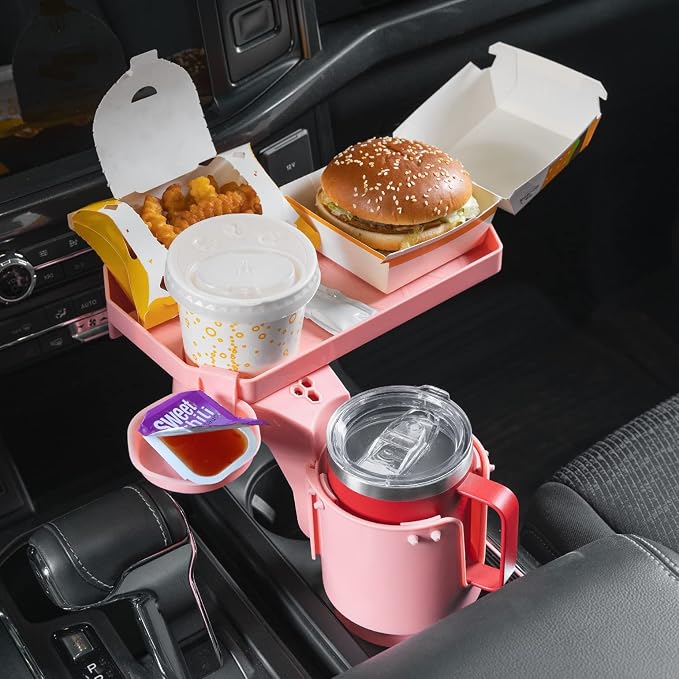 Cup Holder Tray for Car, Car Cup Holder Expander with 360°Rotation Tray, Large Cup Drink Holder Fit for Yeti/Hydro Flask, Detachable Food Tray Table, Pink Car Accessories