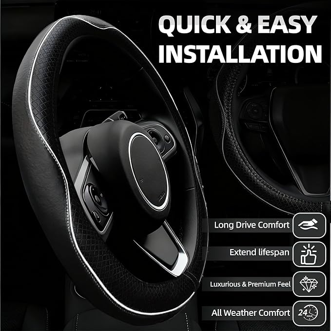 6 PCS Car Steering Wheel Cover Set, Microfiber Leather Steering Wheel Covers Universal 14.5-15 inch, Center Console Cover, Seat Belt Cushion, Cup Holder Coaster, Car Accessories Set White