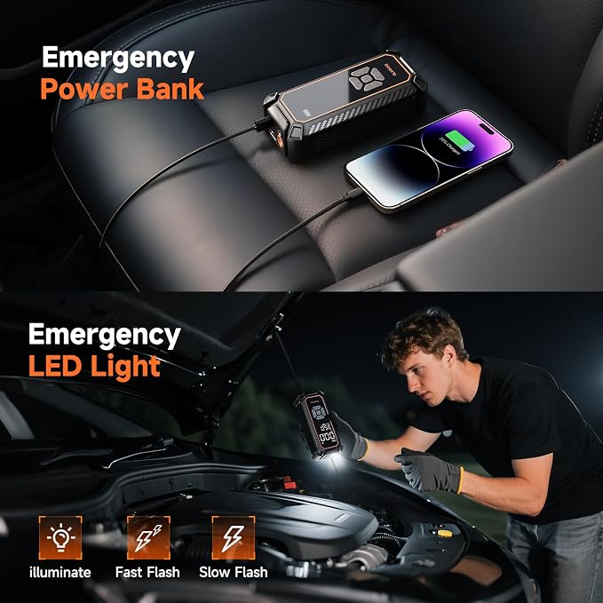 Cordless Tire Inflator Portable Air Compressor, Dual Power Mode - 9000 mAh & 12V DC, Air Pump for Car Tires, Motorcycle, Bicycle, Electric Pump with LED Light & Digital Pressure Gauge