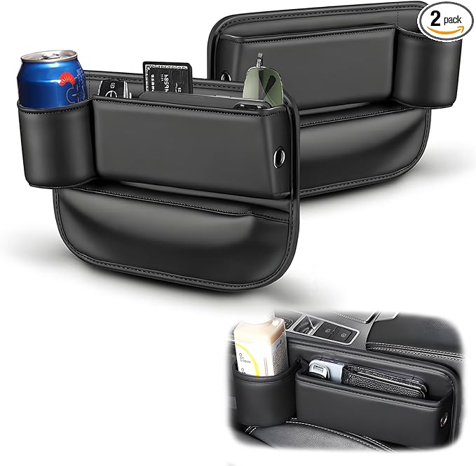 Car Seat Gap Filler Organizer, Universal Premium Leather Seat Organizer with Cup Holder, Seat Gap Storage Box with Bottle Holder, Car Gap Bag Front Center Console Seat (Driver+Passenger 2 Pack)