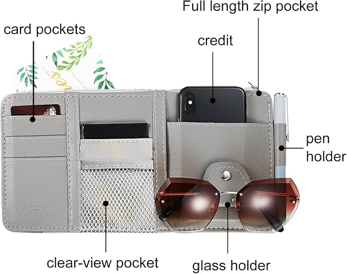 2 Packs Car Sun Visor Organizer, Sunglasses Holders for Car Sun Visor PU Auto Interior Accessories Storage Travel Document Holder with Multi Pocket (Gray, 12.2 x 6.1 Inches)