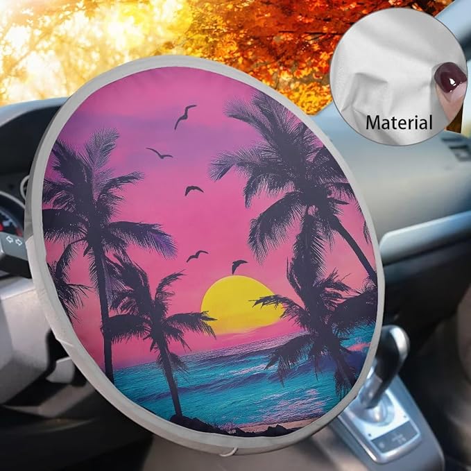 Car Steering Wheel Cover Sun Shade Aluminum Foil Auto Interior Protector Block UV Rays Cool in Summer, Vehicle Accessories Universal for Women Men, Palm Tree