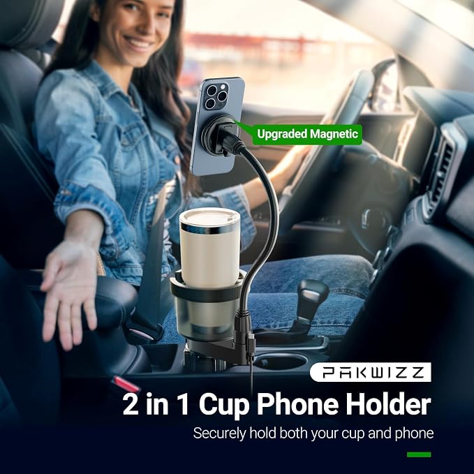 2-in-1 Car Cup Holder Expander for Phone MagSafe, Upgraded Cup Holder Phone Mount for Car with Adjustable Base, Compatible with Yeti 20/26/30 oz, Hydroflask 32/40 oz (Transparent Black)
