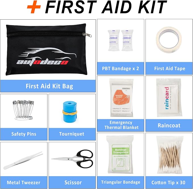 98 PCS Roadside Car Emergency Assistance Kit with Portable Air Compressor Jumper Cables Safety Hammer All in One Pliers Tool Set（Black）