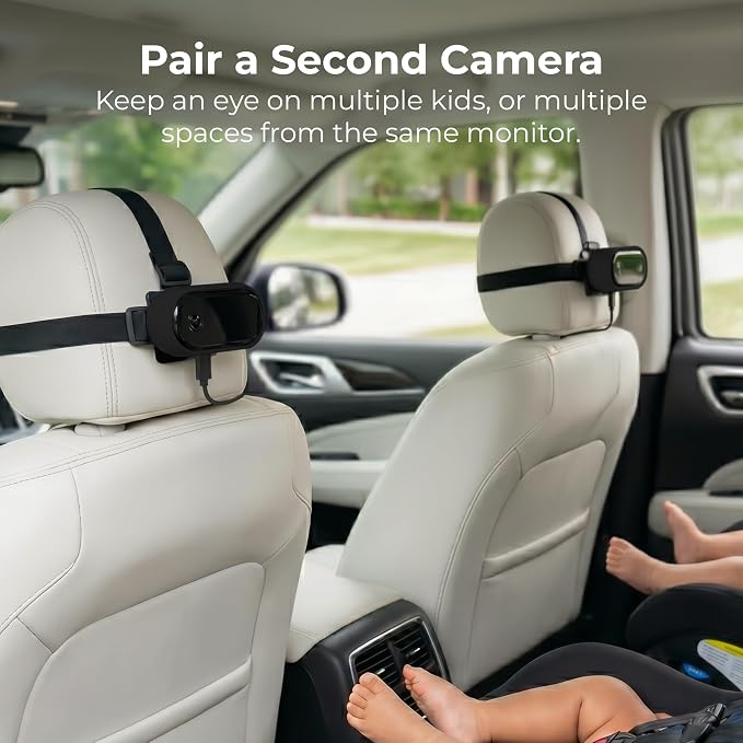 Add-On Camera for Classic Baby Car Monitor, 720P HD Extra Camera with Headrest Mount, Split Screen Dual Baby Monitoring, 2.4GHz Connection, 33 ft Range (Black, Micro USB Version)