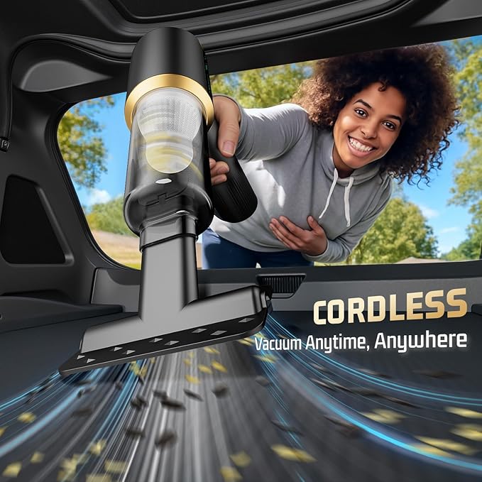 Cordless Car Vacuum Cleaner: Handheld Vacuum with 16000Pa Strong Suction, 𝐁𝐫𝐮𝐬𝐡𝐥𝐞𝐬𝐬 𝐌𝐨𝐭𝐨𝐫 & HEPA Filter, 7-in-1 Cleaning Kit, Type-C Charging for Home Office Car - Black