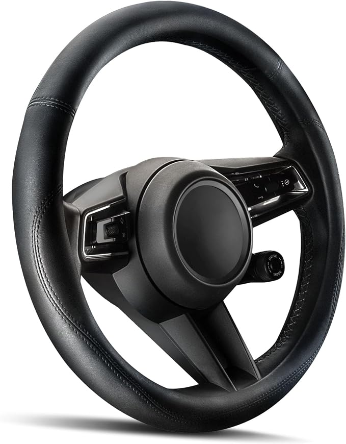 Car Steering Wheel Cover - Universal Car Accessory for Diverse Cars, Leather Cover with Anti-Slip Lining, for Steering Wheel with a Diameter of 15.5"-16", Black