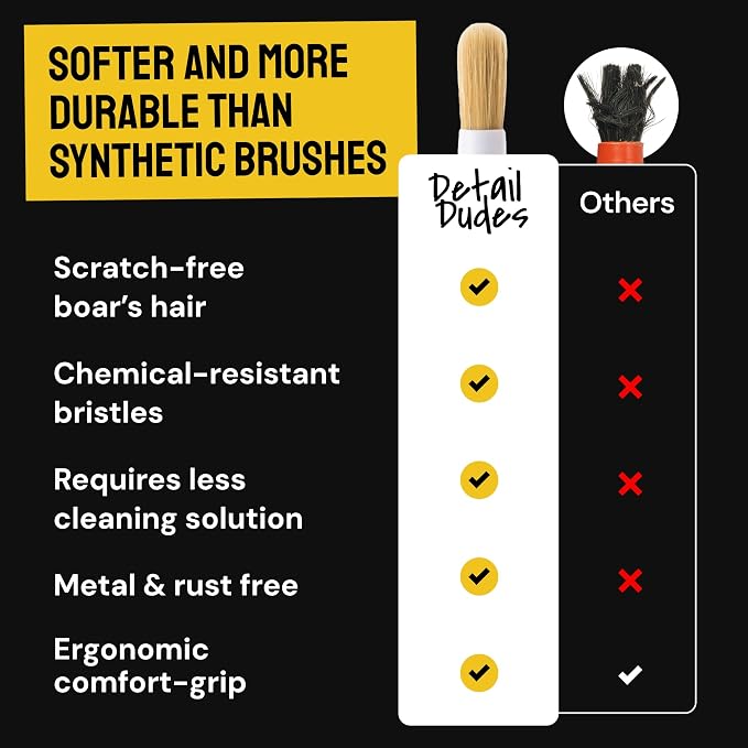 Car Detailing Brush Set 3-Pack, Interior and Exterior, | Scratch-Free Boars Hair - Exterior & Interior Cleaning Brushes - Safe for Leather, Piano Black Trim, Dashboards & Wheels