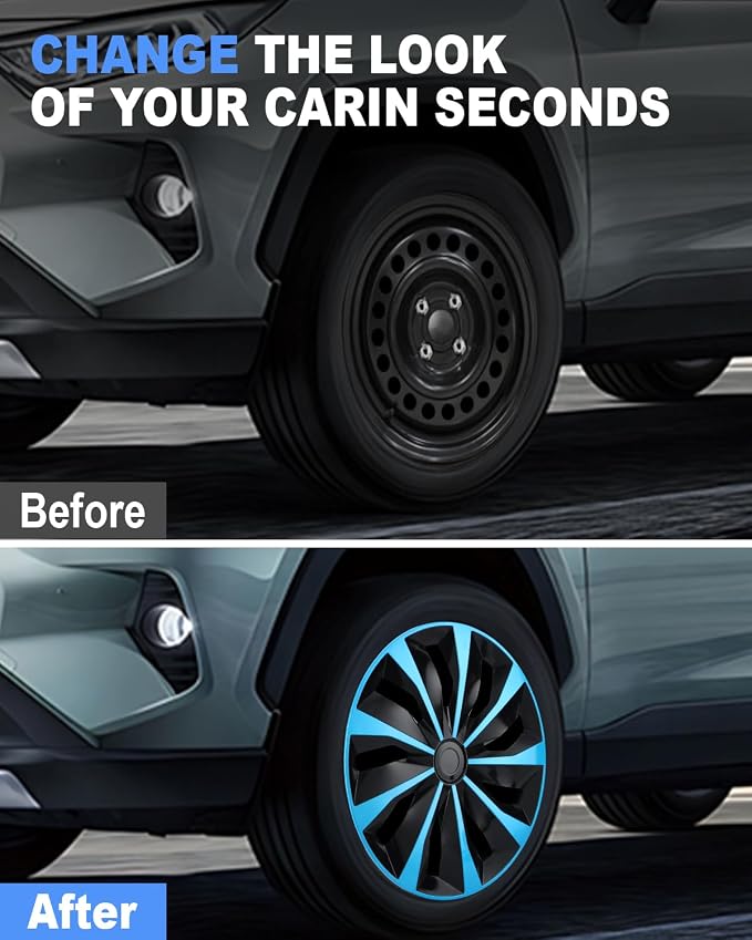 Hubcaps,15 inch hubcaps Set of 4, Wheel Rim Cover ABS Material, Snap On Car Truck SUV Replacement, for Toyota Camry Nissan Mazda etc, Black & Blue
