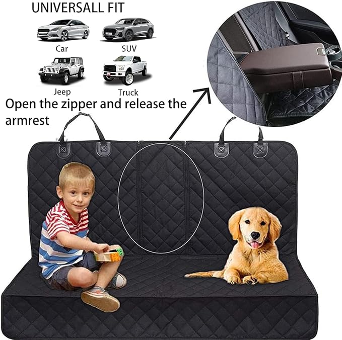 Dog Car Seat Cover for Back Seat, Waterproof Dog Bench Seat Pad Compatible for Armrest & Seat Belt, Universal Nonslip Durable Soft Pet Backseat Protector for Cars Trucks & SUVs (Black)
