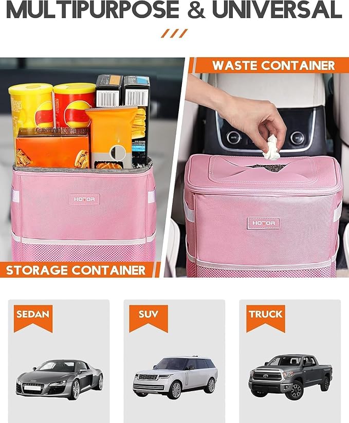 Car Trash Can with Lid and Storage Pockets - 100% Leak-Proof Organizer, Waterproof Garbage Can, Multipurpose Trash Bin for Car, 2 Gallons, Pink
