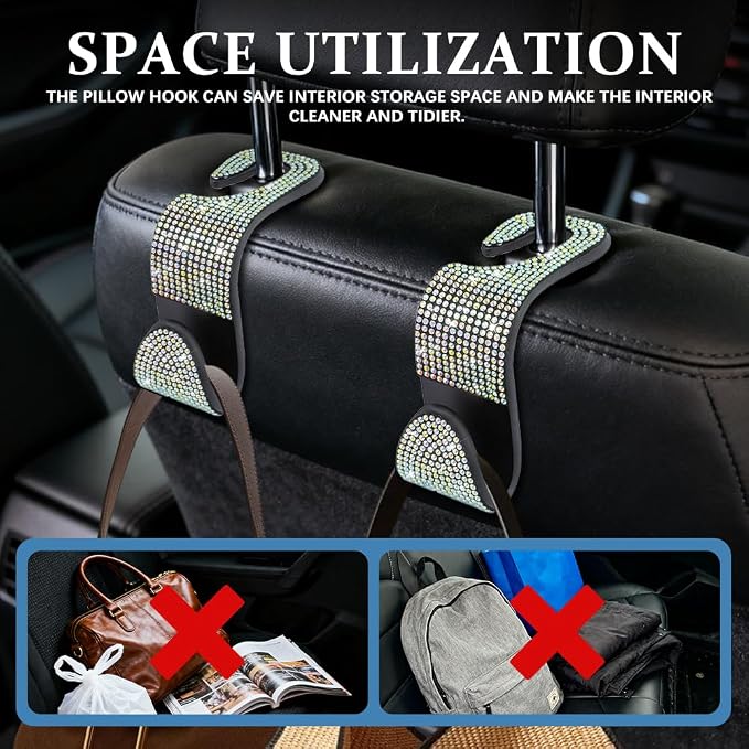 4PCS Bling Car Seat Headrest Hooks, Purse Holder for Car, Vehicle Back Seat Purse Handbag Hanging Holder with Crystal Rhinestone, Diamond Car Rear Seat Organizer for Vehicles (Colorful)