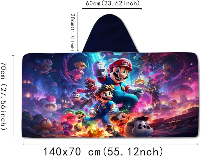 Mario Soft Cotton Terry Hooded Towel Wrap, Cartoon Character Hooded Poncho Towel for Bath Pool Beach, 28 in x 55 in