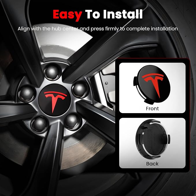 4 Pack Car Wheel Center Hub Cap Kit with 22 Lug Nut Covers, 2.2 in (56mm) Wheel Rim Covers Center Hubcaps with Emblem for Model 3 Y, Black & Red Gray & Silver Exterior Decoration for Tesla
