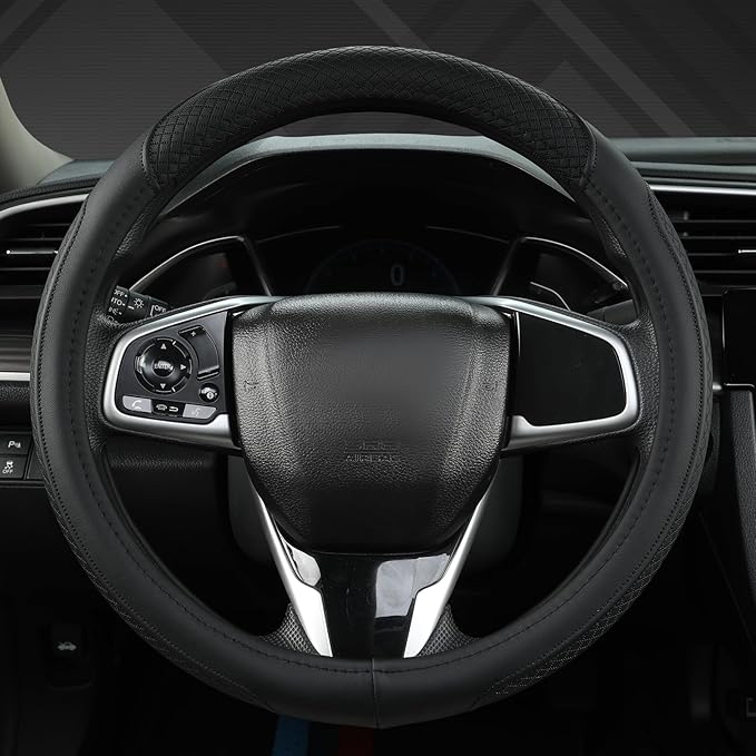 Customized Auto Car Steering Wheel Cover for Honda Civic, CR-Z, Insight, S2000,14-14.25inch(Black-Small Size)
