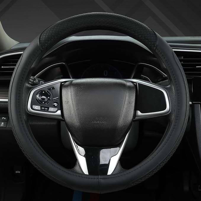 Customized Auto Car Steering Wheel Cover for Honda Accord Civic CR-V HR-V Pilot Fit Passport Odyssey 14.5-15inch(Black-Standard Size)