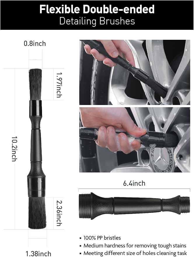 7PCS Car Wheel Brush Kit, Tire Brush for Car Owners & Auto Detailers, Soft-bristled Rim Brush, Flat Wheel Brush, Double-Ended Detailing Brush and Pads for Home Shop, Cars Trucks RVs