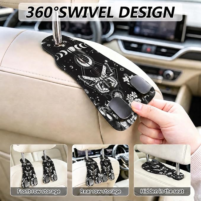 Cute Moon Phase Moth Car Seat Back Storage Headrest Hooks for Purses & Bags – 2PCS PU Leather Dual Metal Hooks, Backseat Organizer Accessories