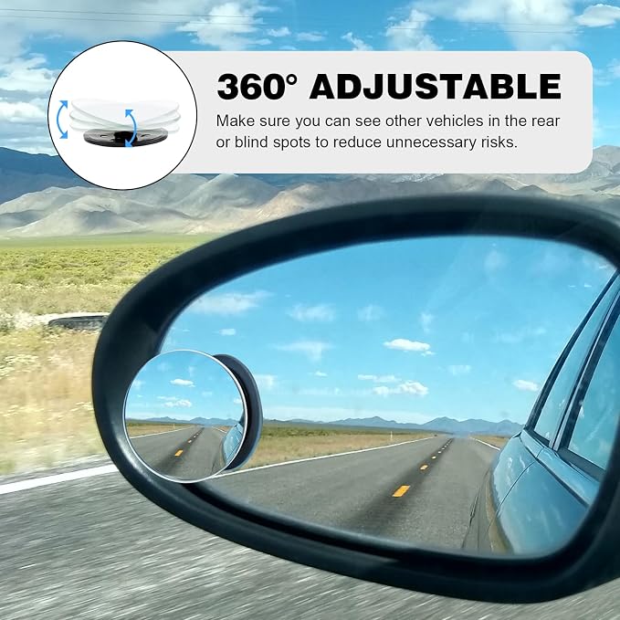 Car Round Blind Spot Mirror, HD Glass Side Blindspot Mirrors Adjustabe Angle Removable with Wide Angle Stick-On Universal for Cars, SUVs, Trucks, Pack of 2