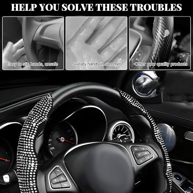 2 PCS Steering Wheel Cover, Segmented Car Wheel Covers with Crystal Rhinestones, Non-Slip Protector Bling Sparkly Decoration for Most Steering Wheels, Car Accessories (White)