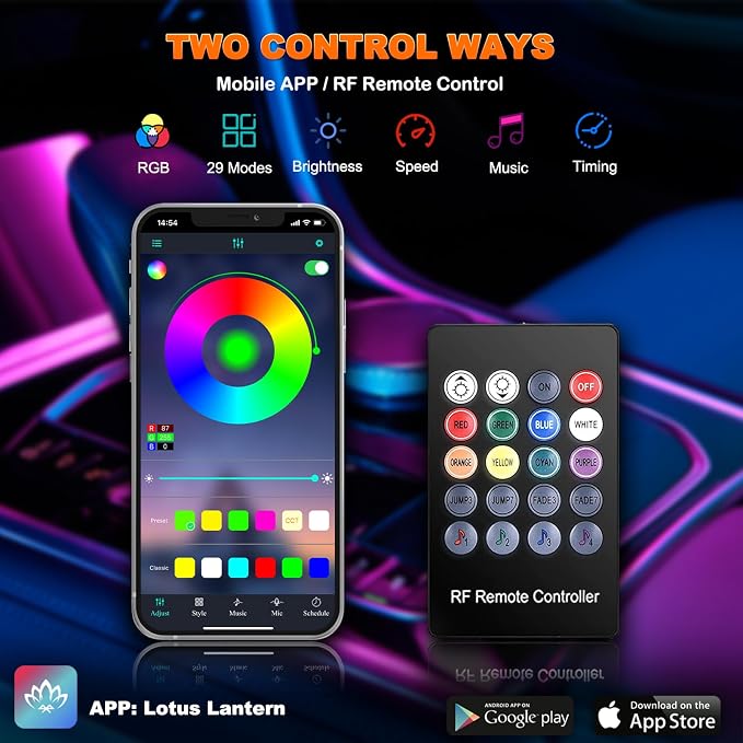Car LED Strip Lights, USB Interior Ambient Lighting Kits with Wireless APP and RF Remote Control, 16 Million Colors Music Mode Car Decoration Lights with 315 inches 3.0mm Fiber Optic (6 in 1)