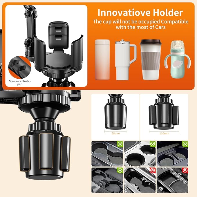 Phone Holders for Your Car, 2 in 1 Cup Holder Phone Mount with Expander, Secure Hold, Adjustable Base and Long Arm with 360°Rotation Car Phone Holder for 4-7‘’ devices and Up to 5.31'' Most Bottles