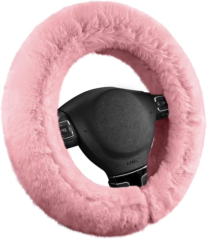 Steering Wheel Cover, Fluffy Car Wheel Covers for Women/Girls/Ladies，Soft Wool Fur Steering Wheel Protector, Universal 14 1/2 inches to 15 inches - Pink