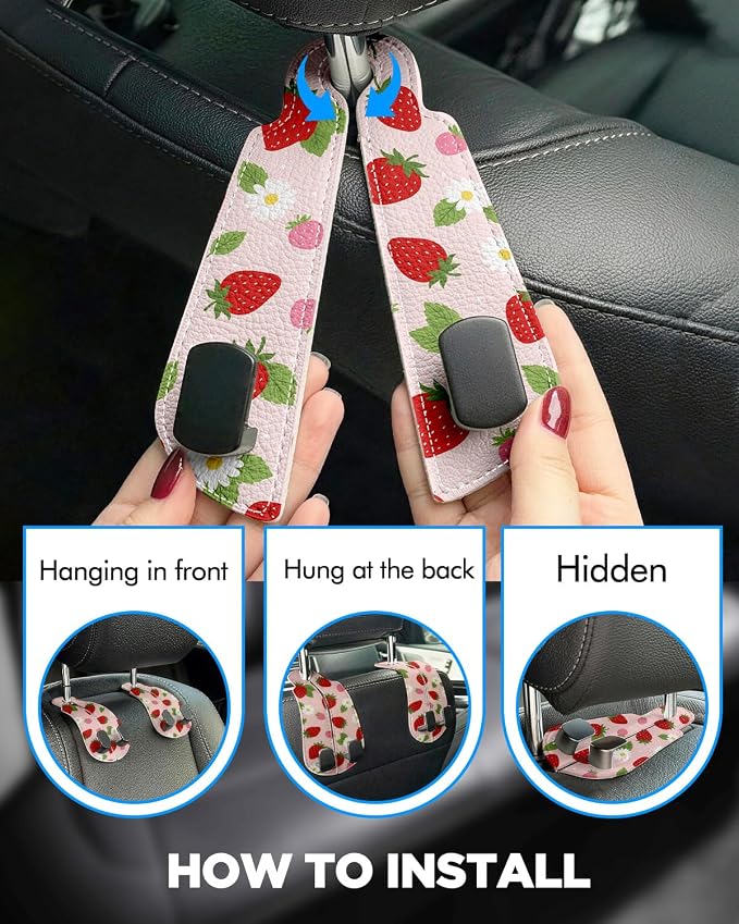 Purse Holder for Car, 2 Pack Heavy Duty Purse Hanger for Car, PU Leather Car Seat Hooks for Purses and Bags, Cute Strawberry Headrest Organizer for Handbags & Backpacks