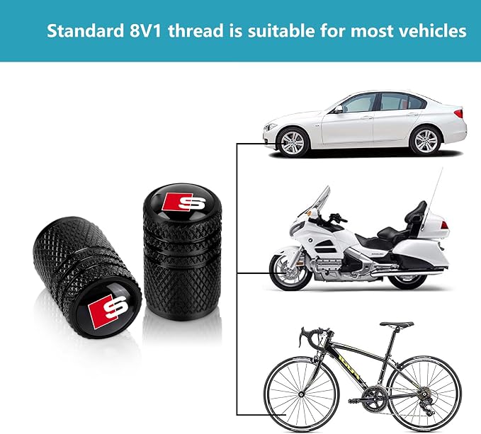 4pcs Tire Valve Stem Caps, Compatible with Audi S Line S1 S2 S3 S4 S5 S6 S7 S8 SQ2 SQ5 SQ7 SQ8 Series Stem Cap Universal Car Air Cover Car Accessories for Cars, SUV, Truck, Motorcycles Black